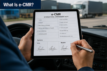 Document CMR digital afișat pe tabletă, folosit de șofer într-un mediu logistic de transport