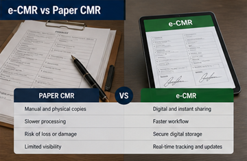 Comparație între documentul CMR pe hârtie și e-CMR digital pe tabletă, evidențiind transformarea logisticii moderne